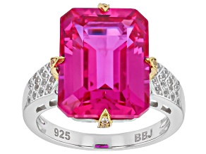 Pink and White Lab Created Sapphire Rhodium and 18K Yellow Gold Over Silver Ring 14.41ctw