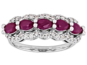 Red Mozambique Ruby with Moissanite Rhodium Over Sterling Silver Ring 1.89ctw