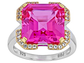 Pink and White Lab Created Sapphire Rhodium and 18K Yellow Gold Over Silver Ring 12.86ctw