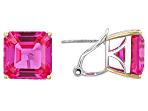 Pink Lab Created Sapphire Rhodium and 18K Yellow Gold Over Sterling Silver Earrings 19.98ctw