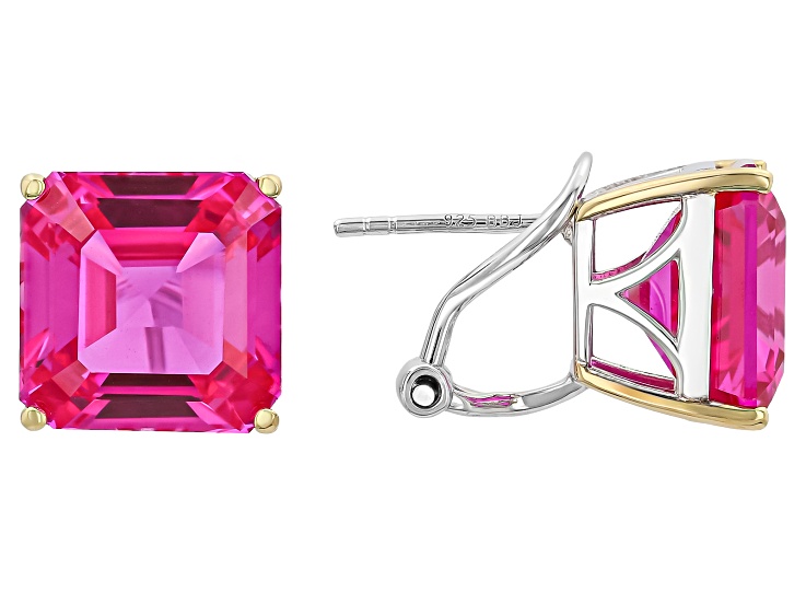 Pink Lab Created Sapphire Rhodium and 18K Yellow Gold Over Sterling Silver Earrings 19.98ctw