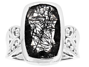 Black Tourmalinated Quartz Rhodium Over Sterling Silver Ring 5.95ctw