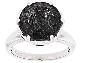 Black Tourmalinated Quartz Rhodium Over Sterling Silver Ring 6.27ctw