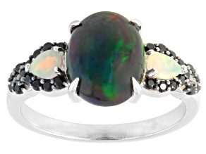Black Ethiopian Opal Rhodium Over Sterling Silver Ring 1.53ctw
