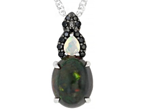 Black Ethiopian Opal Rhodium Over Sterling Silver Pendant with Chain 1.56ctw