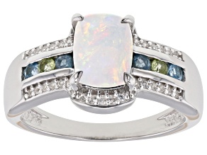 White Ethiopian Opal with Multi Gemstones Rhodium Over Sterling Silver Ring 1.24ctw