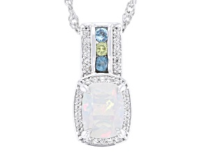 White Ethiopian Opal with Multi Gemstones Rhodium Over Sterling Silver Pendant with Chain 1.01ctw