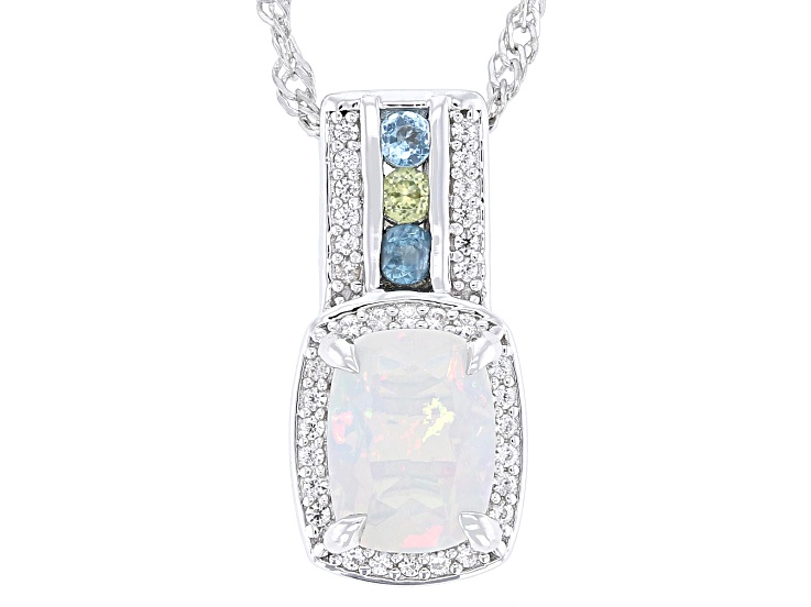 White Ethiopian Opal with Multi Gemstones Rhodium Over Sterling Silver Pendant with Chain 1.01ctw