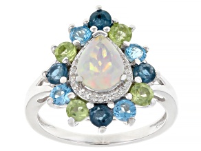 White Ethiopian Opal with Multi Gemstones Rhodium Over Sterling Silver Ring 2.16ctw