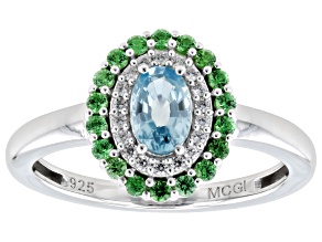 Blue Zircon with Mint Tsavorite and White Zircon Rhodium Over Sterling Silver Ring 0.93ctw