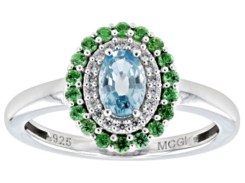 Picture of Blue Zircon with Mint Tsavorite and White Zircon Rhodium Over Sterling Silver Ring 0.93ctw