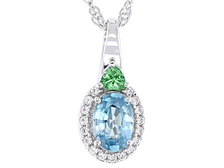 Blue Zircon with Mint Tsavorite and White Zircon Rhodium Over Silver Pendant with Chain 1.10ctw