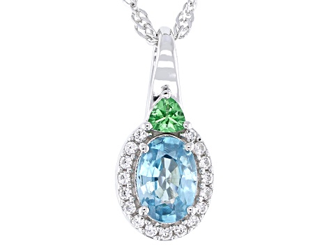 Blue Zircon with Mint Tsavorite and White Zircon Rhodium Over Silver Pendant with Chain 1.10ctw
