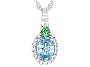 Blue Zircon with Mint Tsavorite and White Zircon Rhodium Over Silver Pendant with Chain 1.10ctw