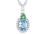 Blue Zircon with Mint Tsavorite and White Zircon Rhodium Over Silver Pendant with Chain 1.10ctw