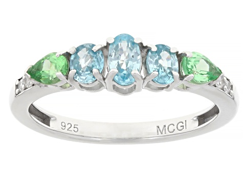 Blue Zircon with Mint Tsavorite and White Zircon Rhodium Over Sterling Silver Ring 1.03ctw