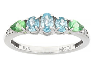Picture of Blue Zircon with Mint Tsavorite and White Zircon Rhodium Over Sterling Silver Ring 1.03ctw