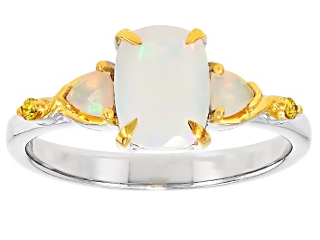 Picture of White Ethiopian Opal with Prazana® Lab Grown Diamond Rhodium & 18K Gold Over Silver Ring 0.87ctw