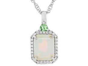 White Ethiopian Opal with Mint Tsavorite & White Zircon Rhodium Over Silver Pendant With Chain