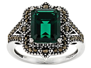 Lab Created Emerald with Gray Marcasite Rhodium Over Sterling Silver Ring 3.03ctw
