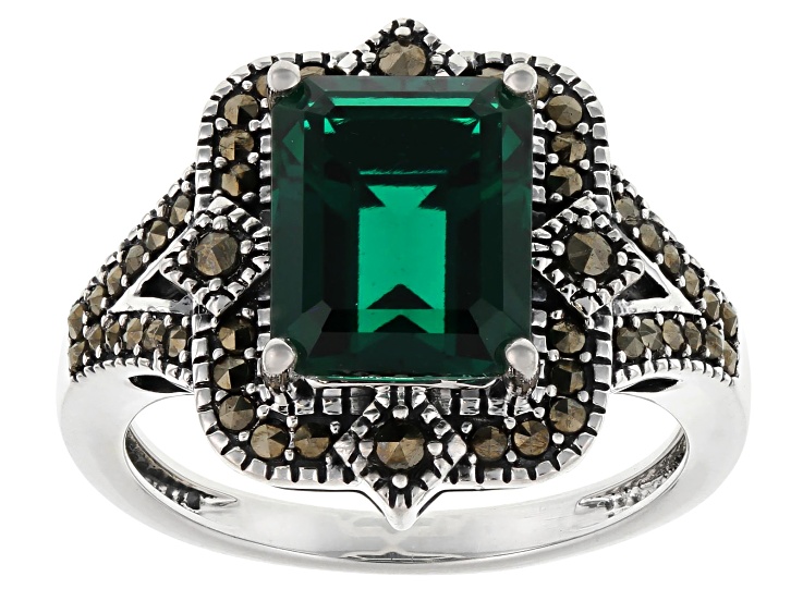 Lab Created Emerald with Gray Marcasite Rhodium Over Sterling Silver Ring 3.03ctw