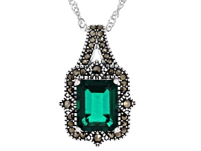 Lab Created Emerald with Gray Marcasite Rhodium Over Sterling Silver Pendant With Chain 2.99ctw