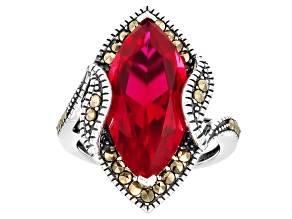 Lab Created Ruby with Gray Marcasite Rhodium Over Sterling Silver Ring 8.94ctw