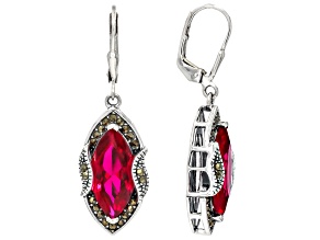 Lab Created Ruby with Gray Marcasite Rhodium Over Sterling Silver Earrings 8.44ctw