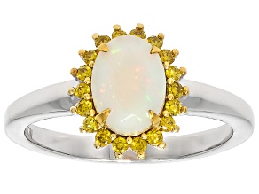White Ethiopian Opal with Prazana® Lab Grown Diamond Rhodium & 18K Gold Over Silver Ring 0.86ctw