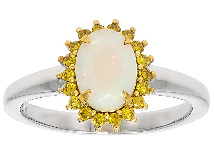 White Ethiopian Opal with PrazanaÂ® Lab Grown Diamond Rhodium & 18K Gold Over Silver Ring 0.86ctw