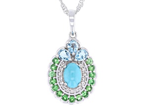Blue Sleeping Beauty Turquoise with Multi Gemstone Rhodium Over Silver Pendant With Chain 0.95ctw