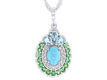 Picture of Blue Sleeping Beauty Turquoise with Multi Gemstone Rhodium Over Silver Pendant With Chain 0.95ctw
