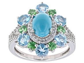Blue Sleeping Beauty Turquoise with Multi Gemstone Rhodium Over Sterling Silver Ring 2.10ctw