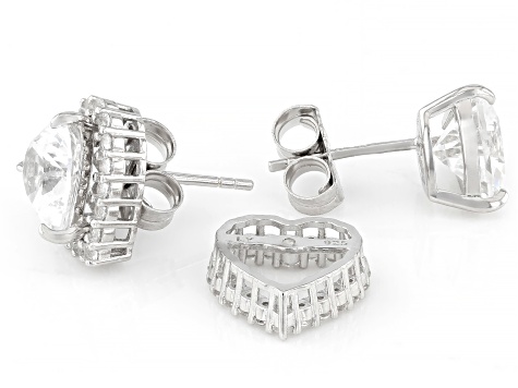 White Lab Created Sapphire Rhodium Over Sterling Silver Heart Earrings & Jacket Set 4.97ctw