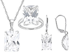 White Radiant Cut Lab Sapphire Platinum Over Silver Pendant w/ Chain, Ring, & Earrings Set 33.94ctw
