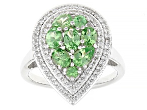 Mint Tsavorite Rhodium Over Sterling Silver Pear Shaped Halo Ring 1.79ctw