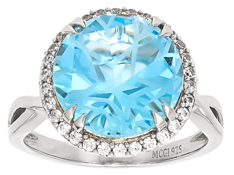 Texas Star Cut Sky Blue Topaz Rhodium Over Sterling Silver Halo Ring 6.99ctw