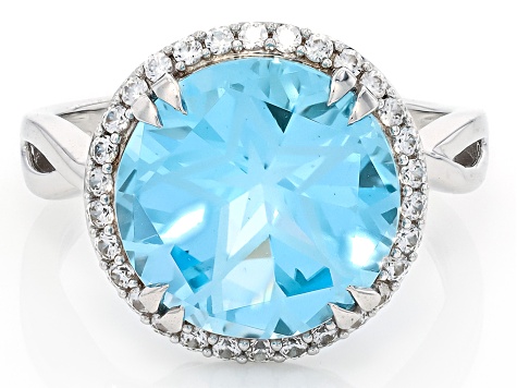 Texas Star Cut Sky Blue Topaz Rhodium Over Sterling Silver Halo Ring 6.99ctw