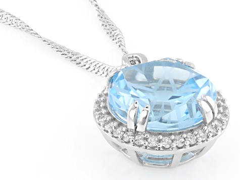 Sky Blue Topaz with White Zircon Rhodium Over Sterling Silver Pendant with Chain 6.99ctw