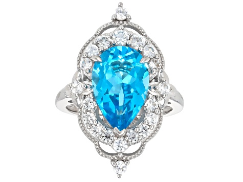Swiss Blue Topaz with White Zircon Rhodium Over Sterling Silver Ring 5.41ctw