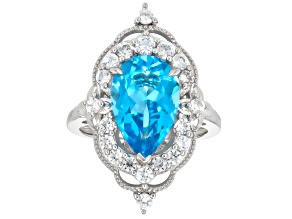 Swiss Blue Topaz with White Zircon Rhodium Over Sterling Silver Ring 5.41ctw
