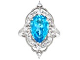 Swiss Blue Topaz with White Zircon Rhodium Over Sterling Silver Ring 5.41ctw