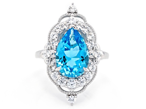 Swiss Blue Topaz with White Zircon Rhodium Over Sterling Silver Ring 5.41ctw