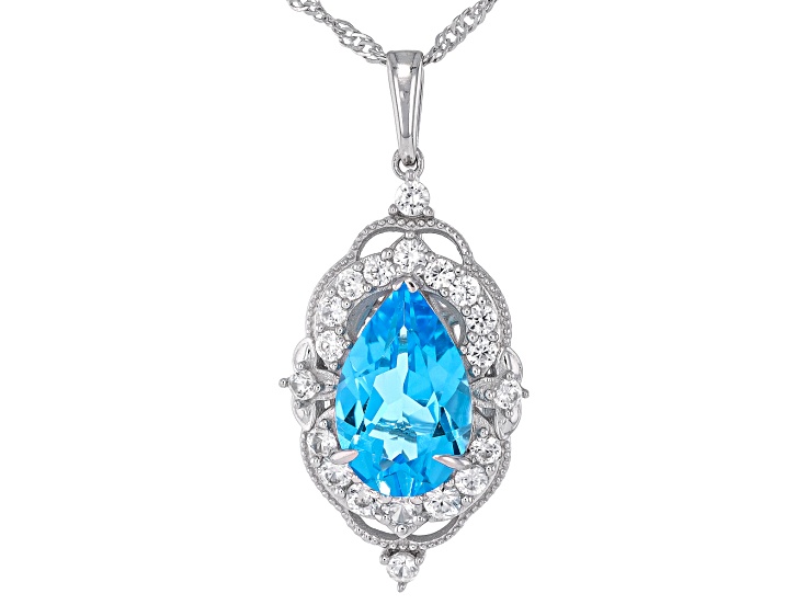Swiss Blue Topaz with White Zircon Rhodium Over Sterling Silver Pendant ...