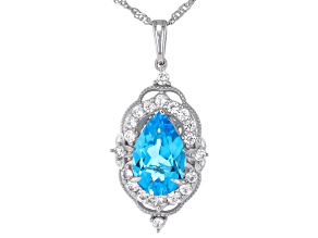Swiss Blue Topaz with White Zircon Rhodium Over Sterling Silver Pendant with Chain 5.85ctw