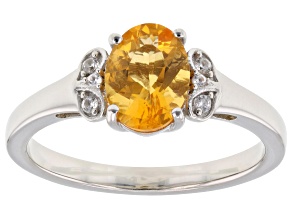 Orange Mexican Fire Opal with White Zircon Platinum Over Sterling Silver Ring 0.70ctw