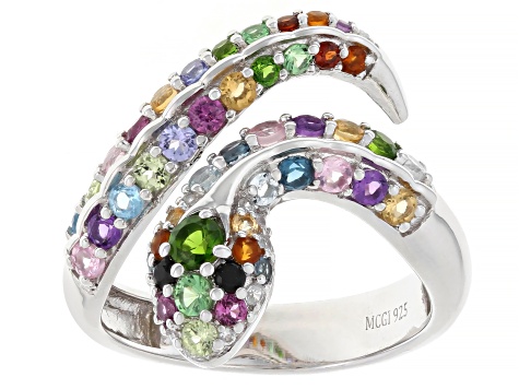 Multi Gemstone Rhodium Over Sterling Silver Ring 1.31ctw