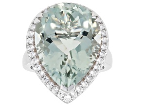 Green Prasiolite with White Zircon Rhodium Over Sterling Silver Ring 14.21ctw