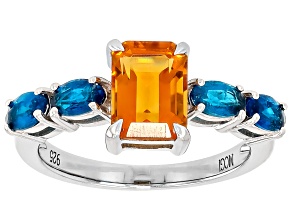 Orange Madeira Citrine with Blue Neon Apatite Rhodium Over Sterling Silver Ring 2.00ctw