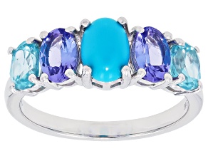 Sleeping Beauty Turquoise with Tanzanite & White Zircon Rhodium Over Sterling Silver Ring 1.62ctw